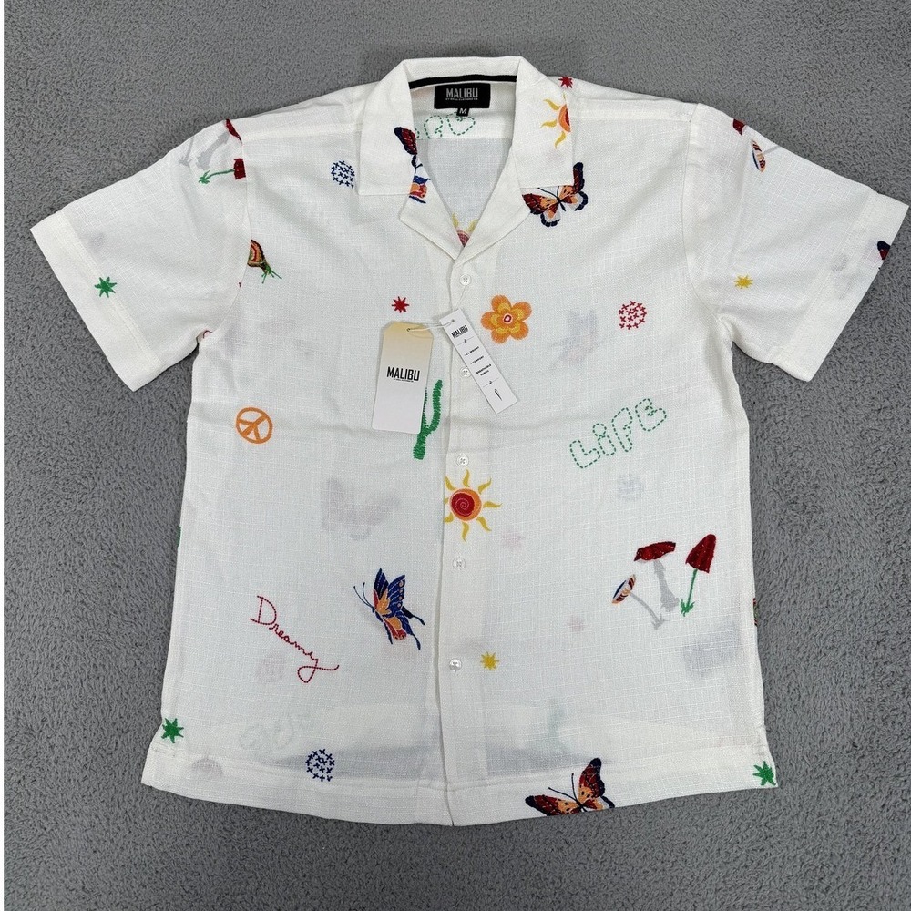 Malibu Shirt Mens Medium Ecru Button Up Lightweight Embroidered Butterflies Life - Picture 1 of 11